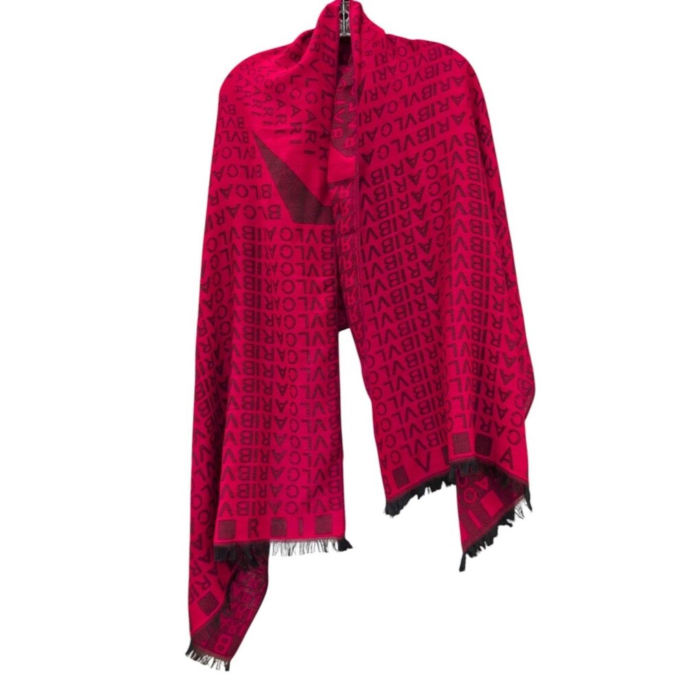 BVLGARI Red Black Logo Monogram Scarf Shawl Wrap Fringe No Tag 66" x 27"